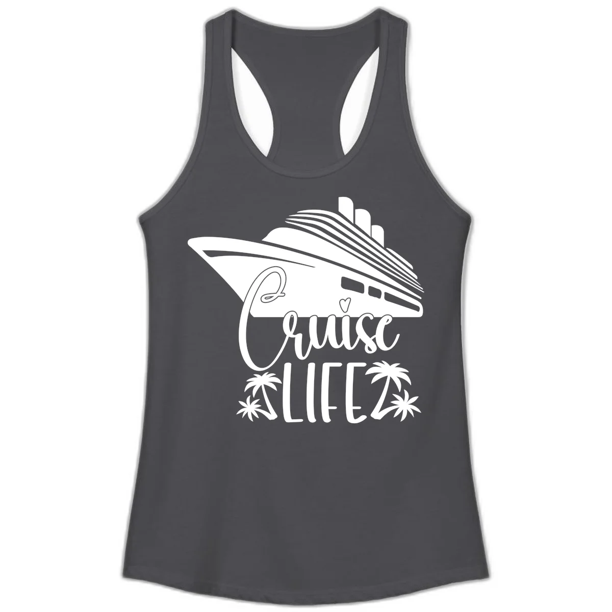 Cruise Life Ship & Palm Trees Ladies Racerback Tank in Solid Dark Gray