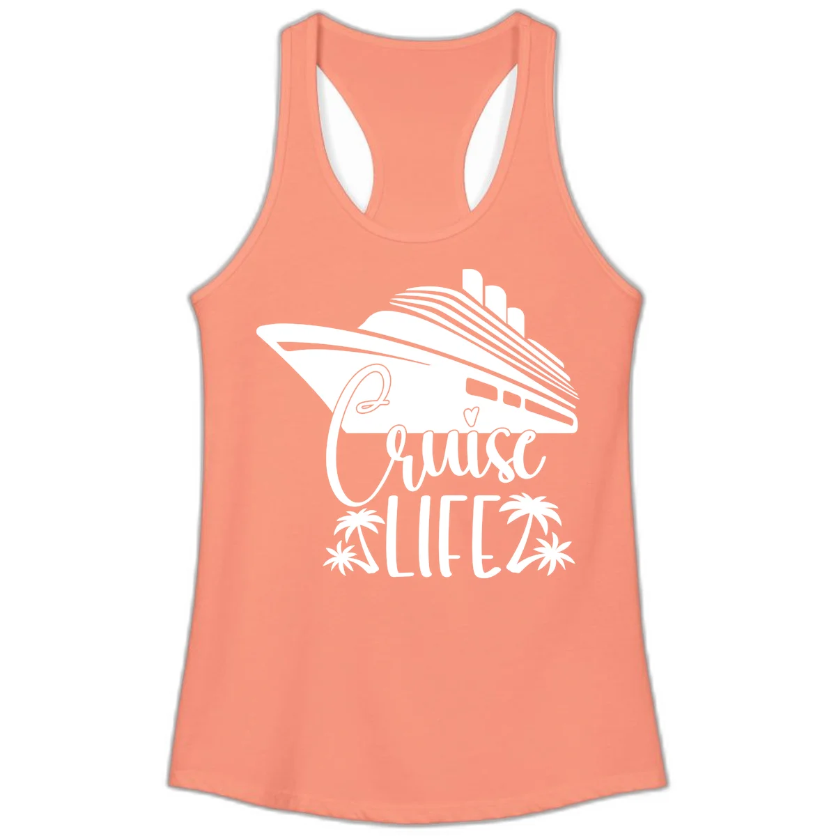 Cruise Life Ship & Palm Trees Ladies Racerback Tank in Solid Light Orange