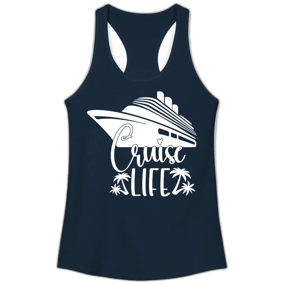 Cruise Life Ship & Palm Trees Ladies Racerback Tank in Solid Midnight Navy