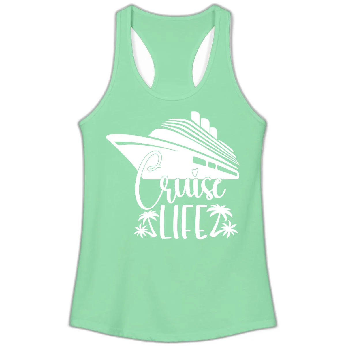 Cruise Life Ship & Palm Trees Ladies Racerback Tank in Solid Mint