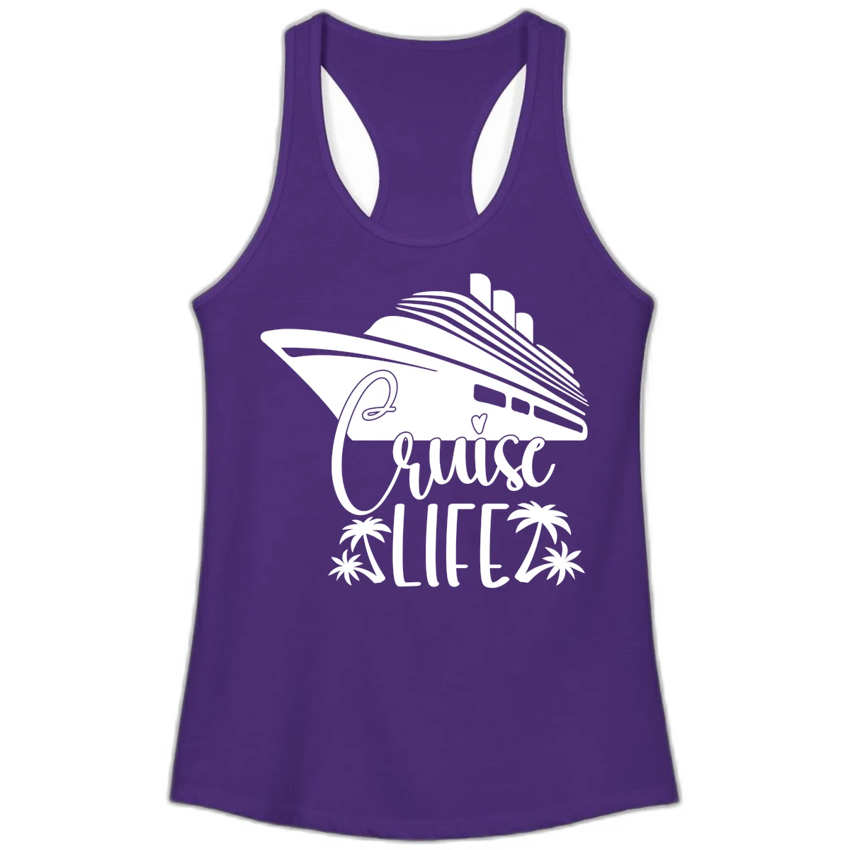 Cruise Life Ship & Palm Trees Ladies Racerback Tank in Solid Purple Rush