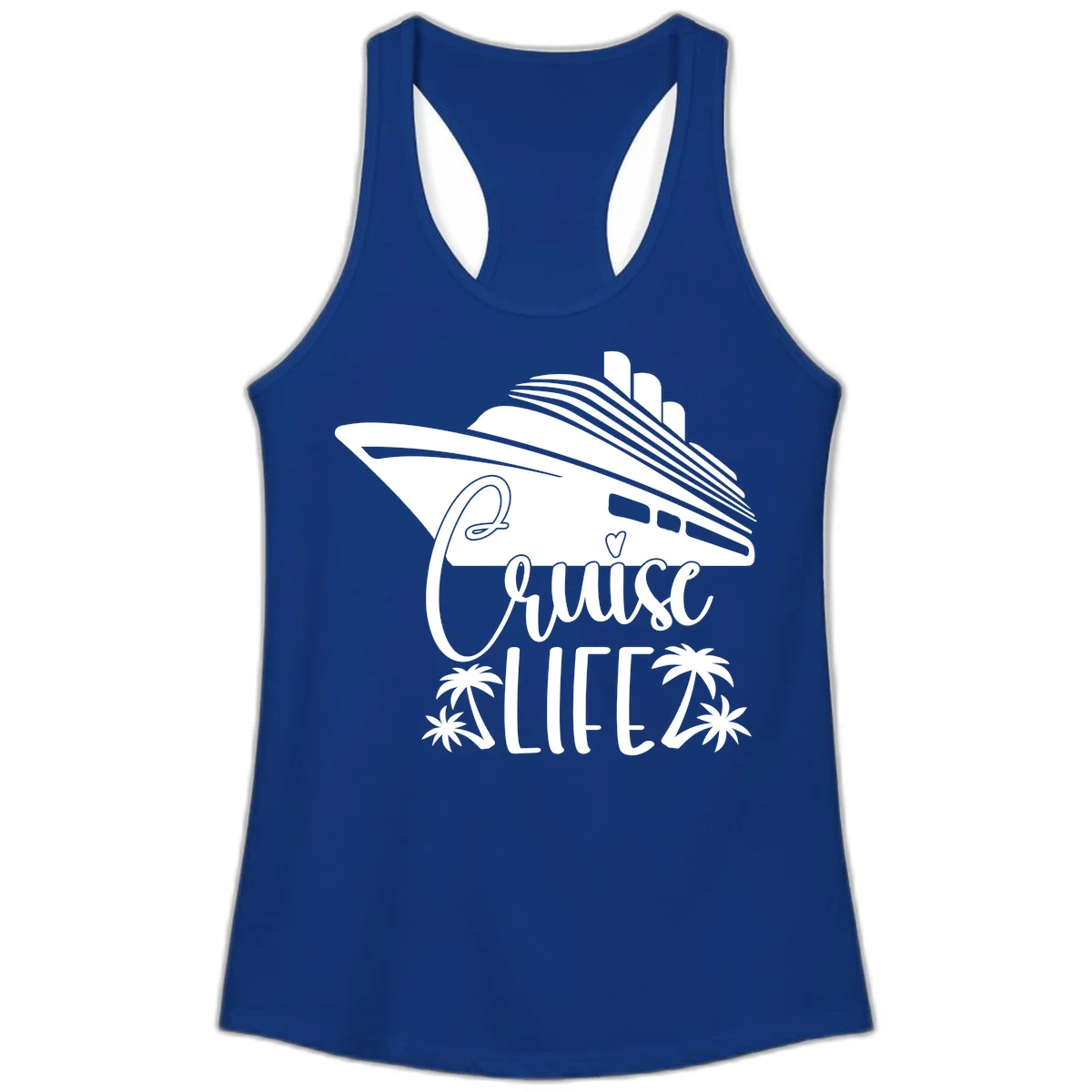 Cruise Life Ship & Palm Trees Ladies Racerback Tank in Solid Royal