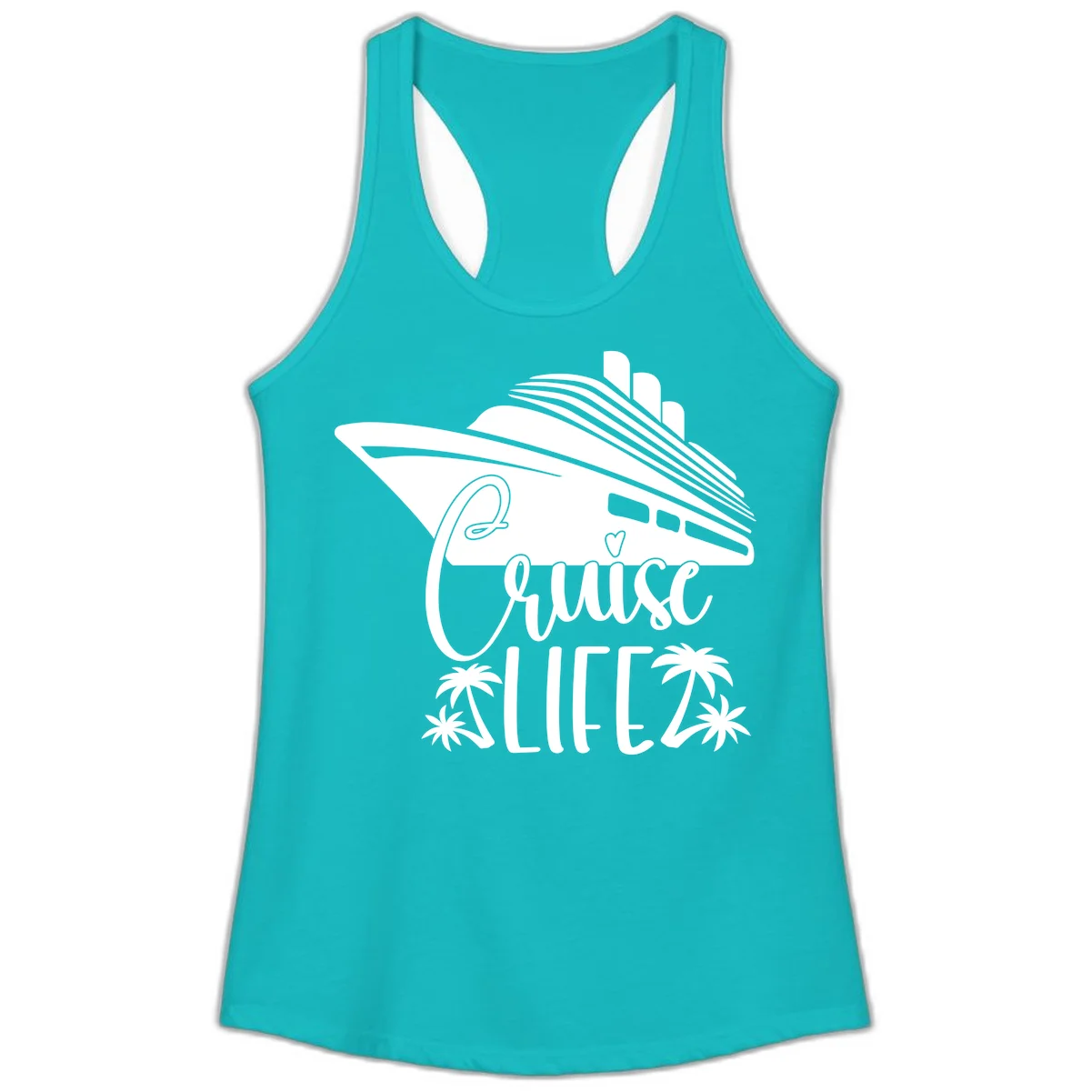 Cruise Life Ship & Palm Trees Ladies Racerback Tank in Tahiti Blue