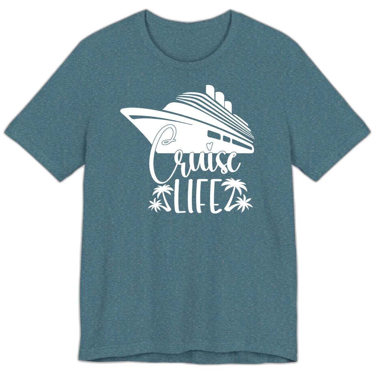 Cruise Life Ship & Palm Trees Premium Soft Tee for Cruising in Heather Deep Teal