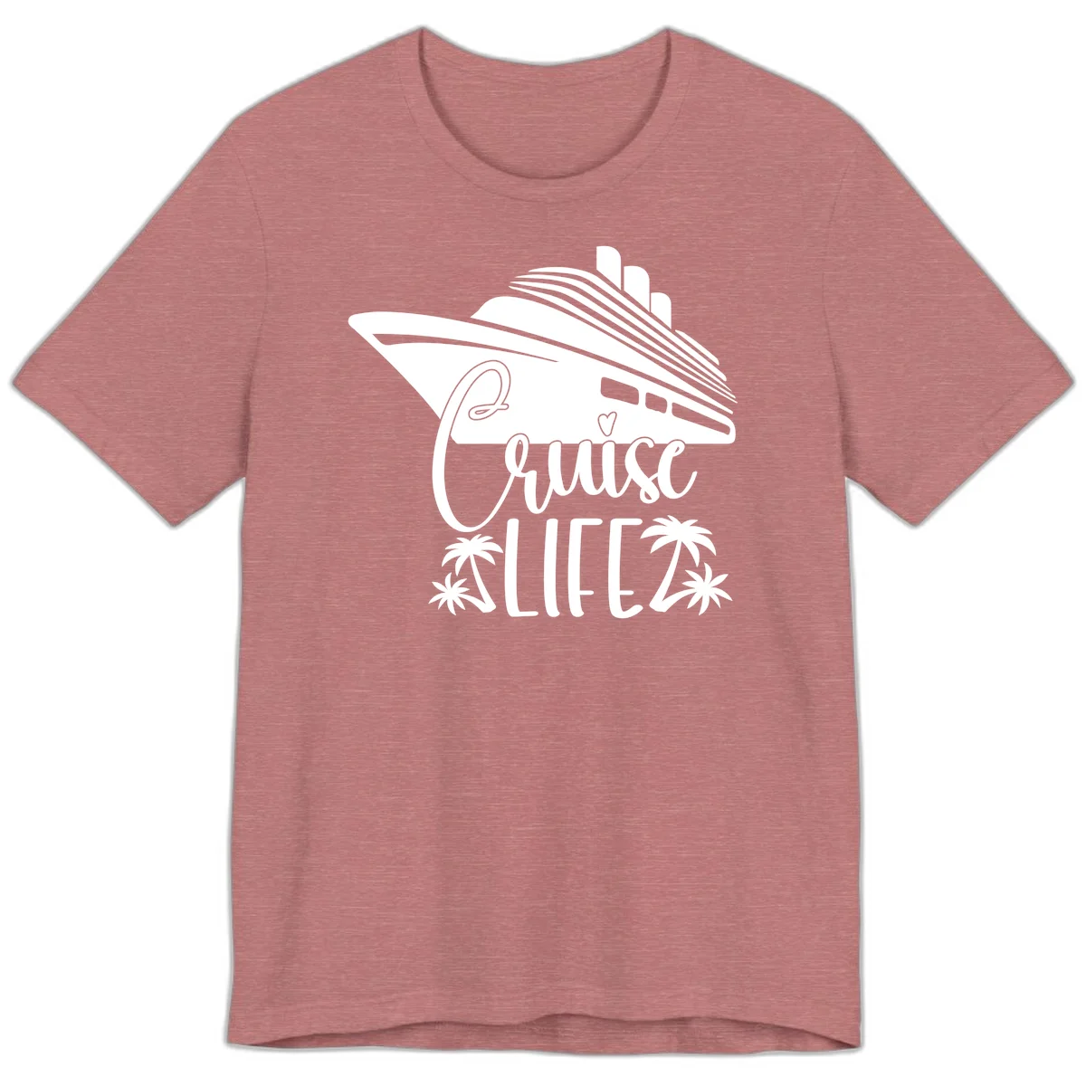 Cruise Life Ship & Palm Trees Premium Soft Tee for Cruising in Heather Mauve