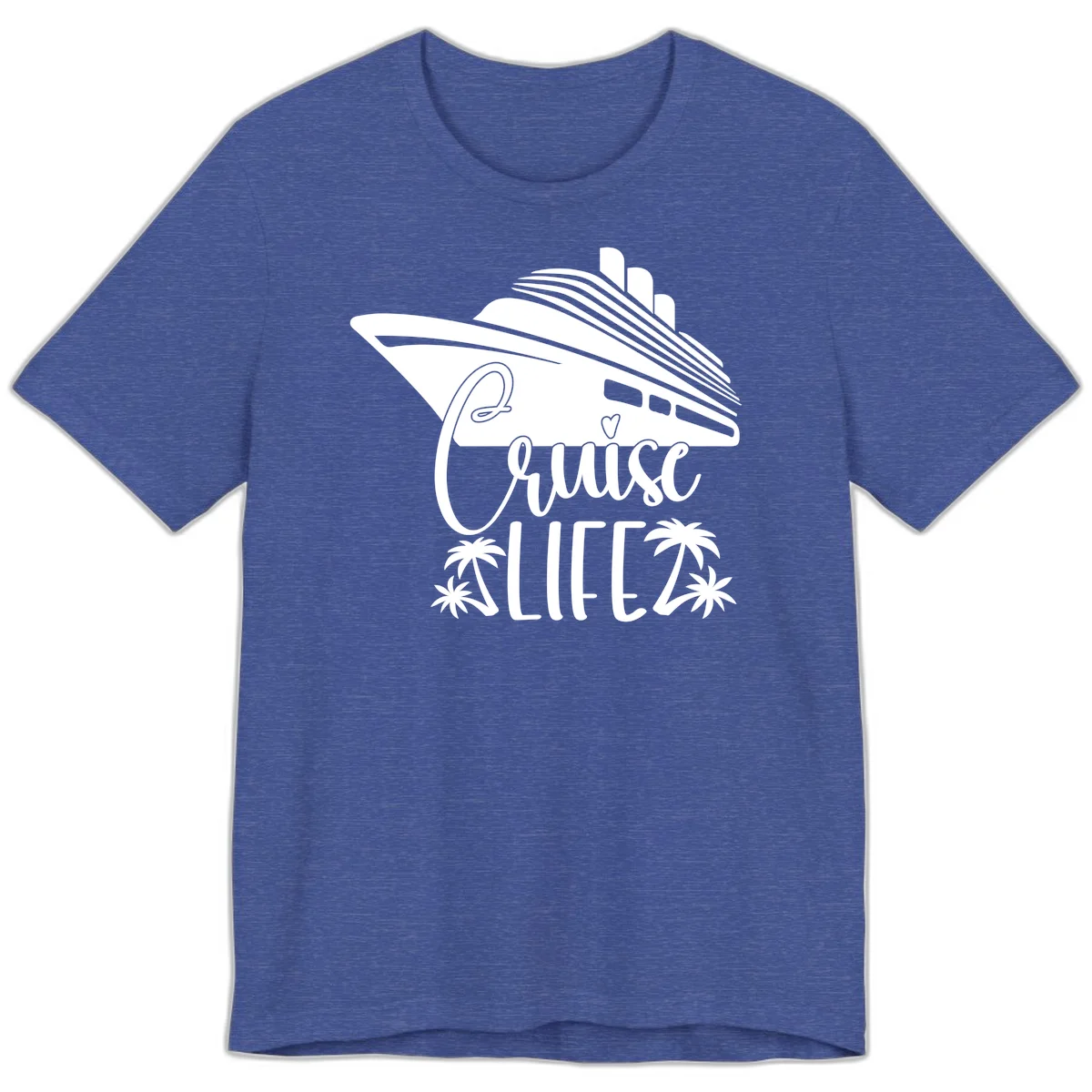 Cruise Life Ship & Palm Trees Premium Soft Tee for Cruising in Heather True Royal