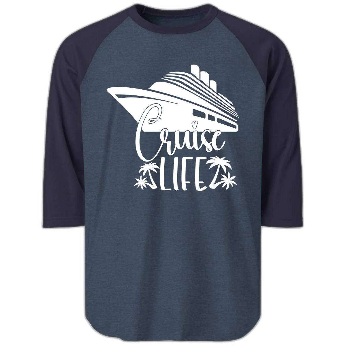 Cruise Life Ship & Palm Trees Baseball Raglan 3/4 Sleeve in Heather Denim Navy