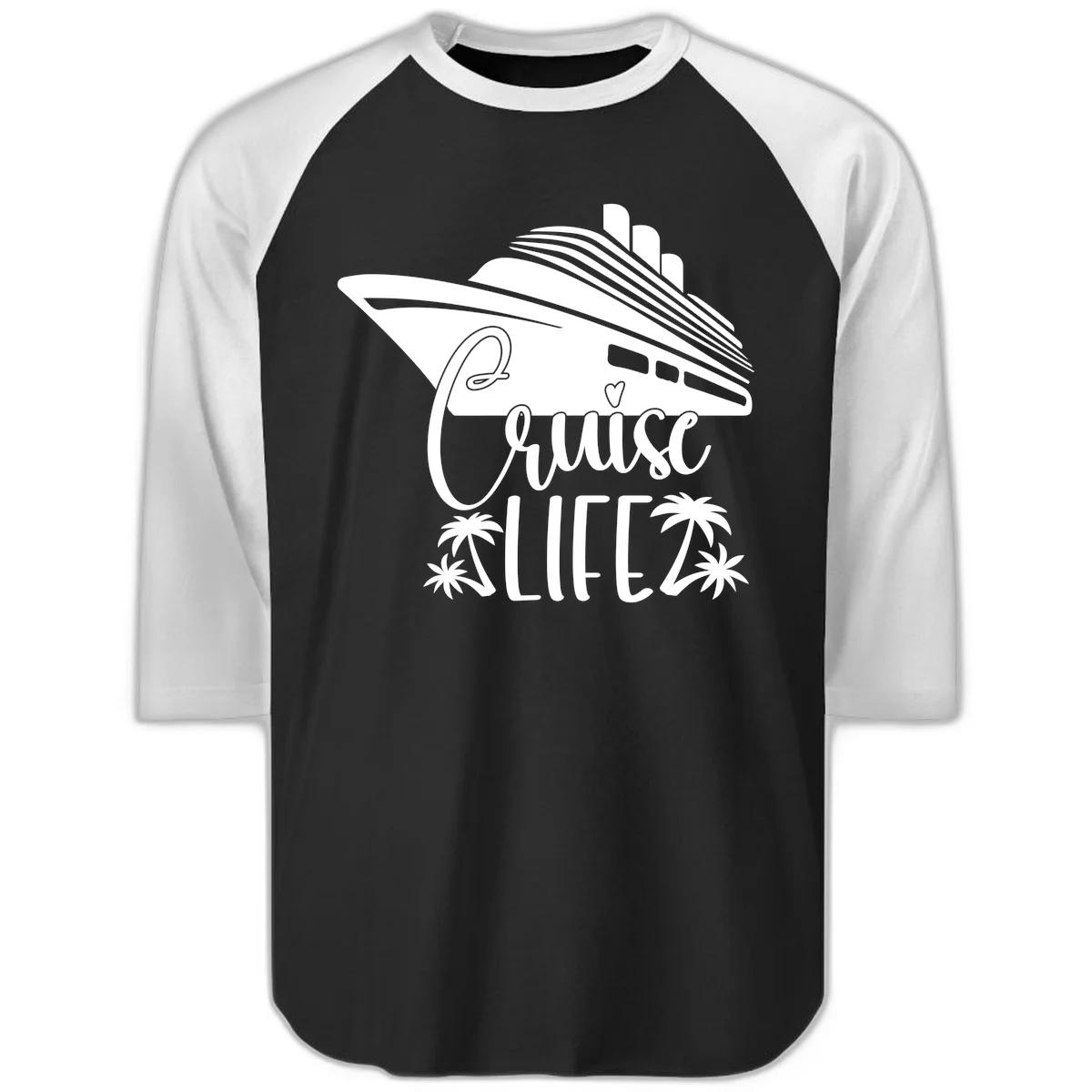 Cruise Life Ship & Palm Trees Baseball Raglan 3/4 Sleeve in Black White
