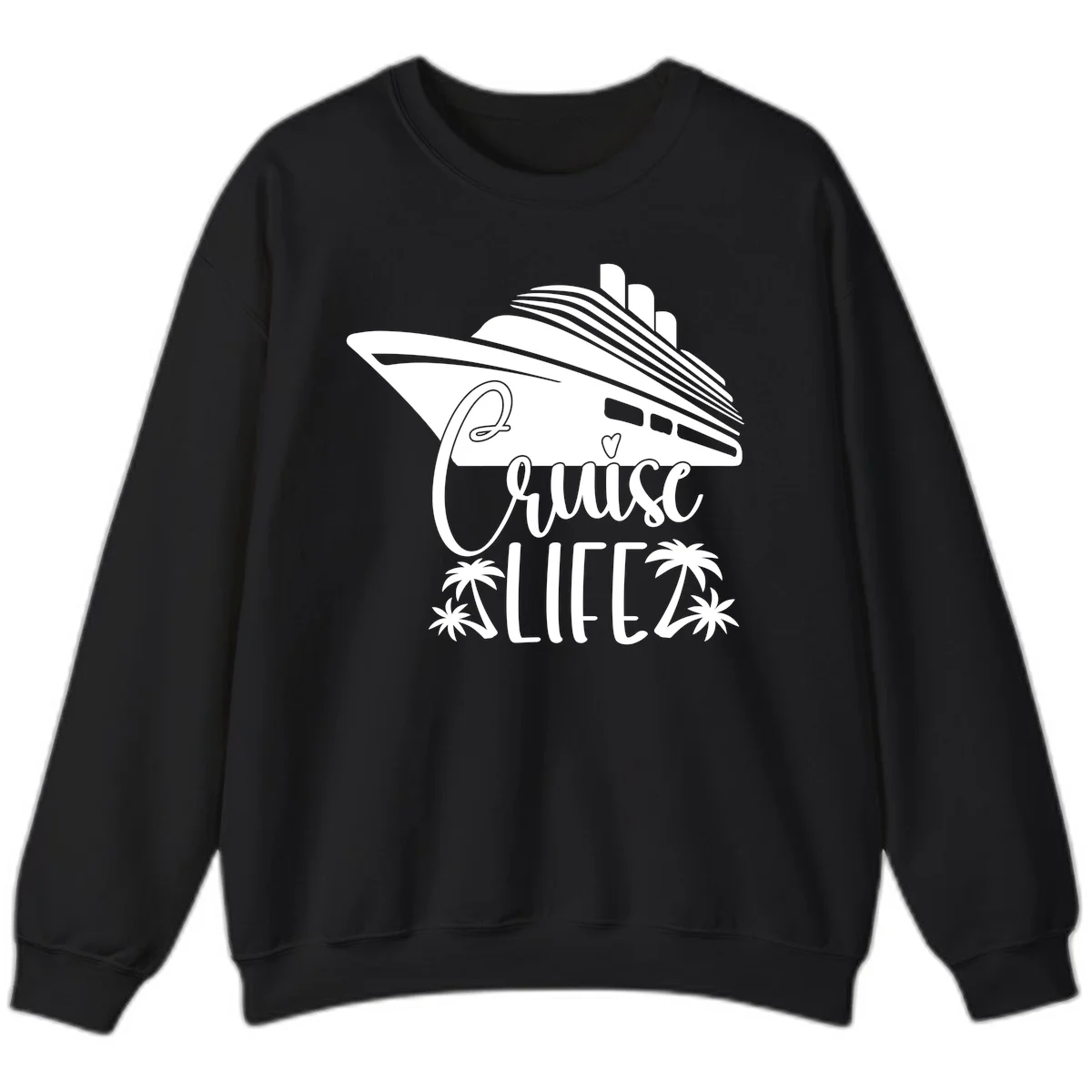 Cruise Life Ship & Palm Trees Cozy Crewneck Sweatshirt in Black