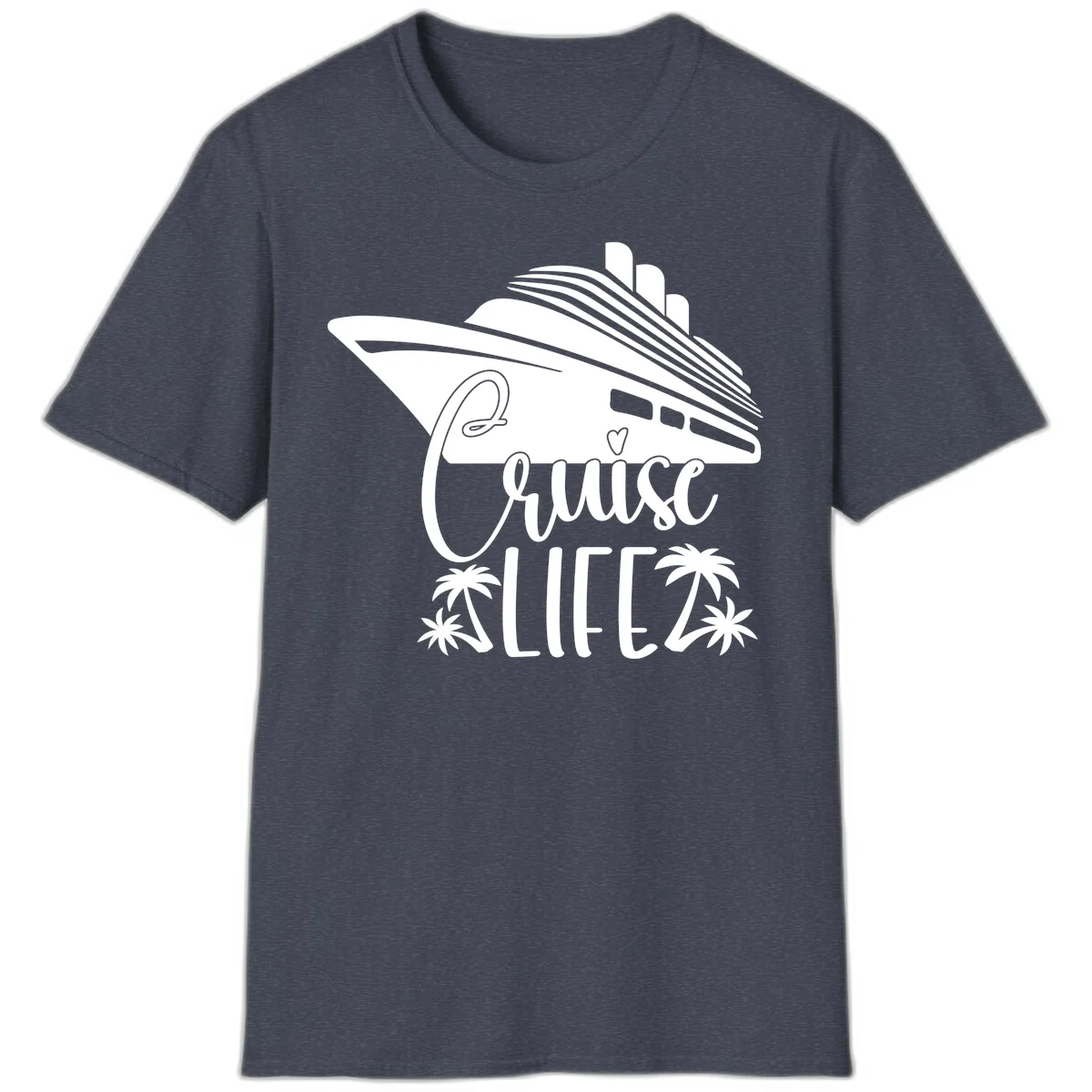 Cruise Life Ship & Palm Trees Tropical Vacation T-Shirt in Heather Navy