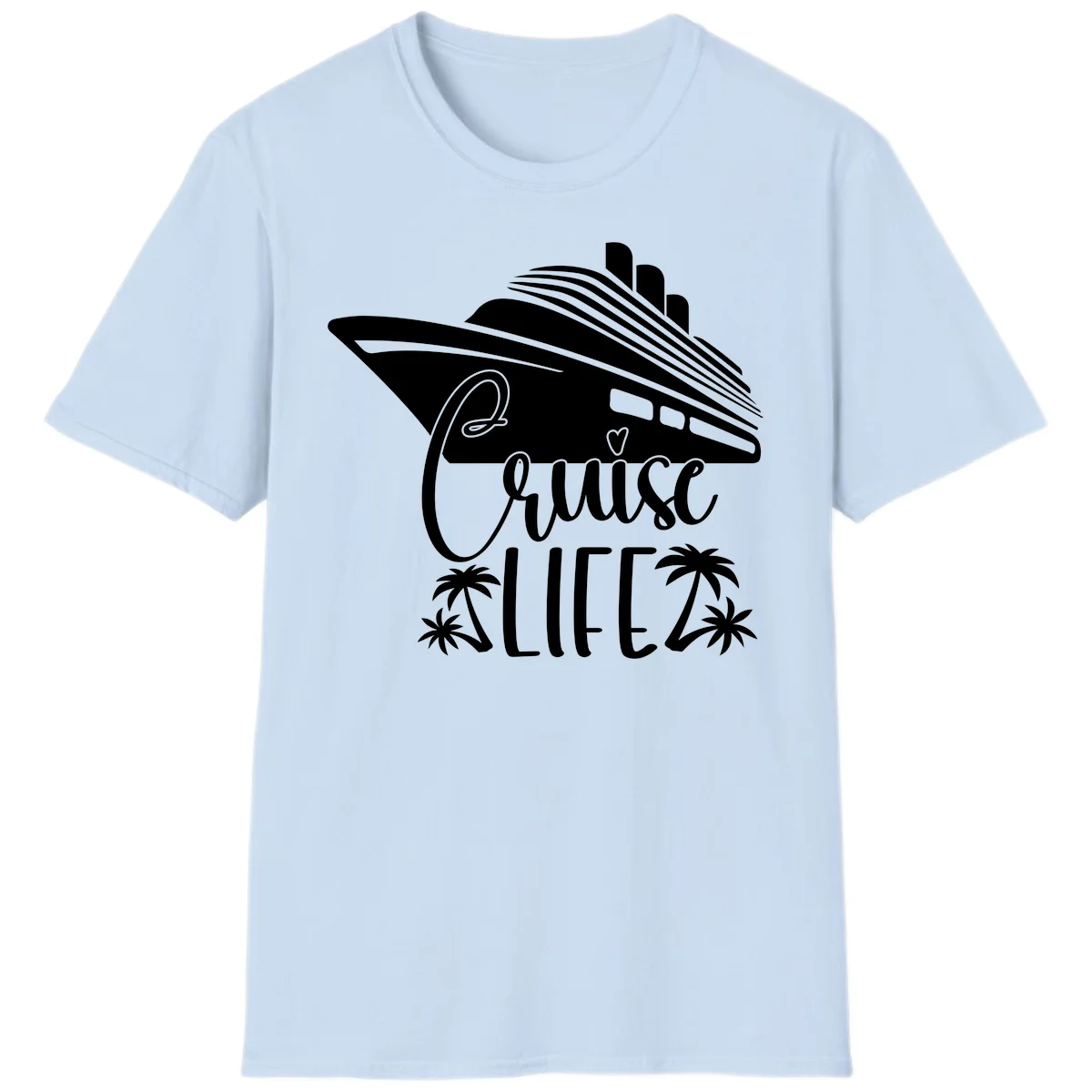 Cruise Life Ship & Palm Trees Tropical Vacation T-Shirt in Light Blue