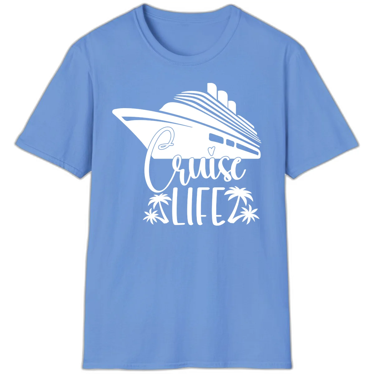 Cruise Life Ship & Palm Trees Tropical Vacation T-Shirt in Carolina Blue