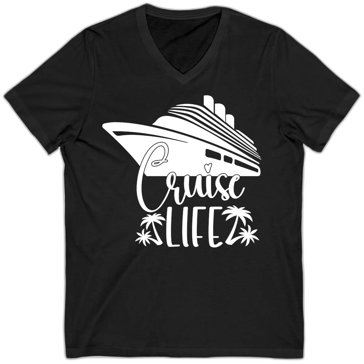 Cruise Life Ship & Palm Trees V-Neck Cruise Tee in Black