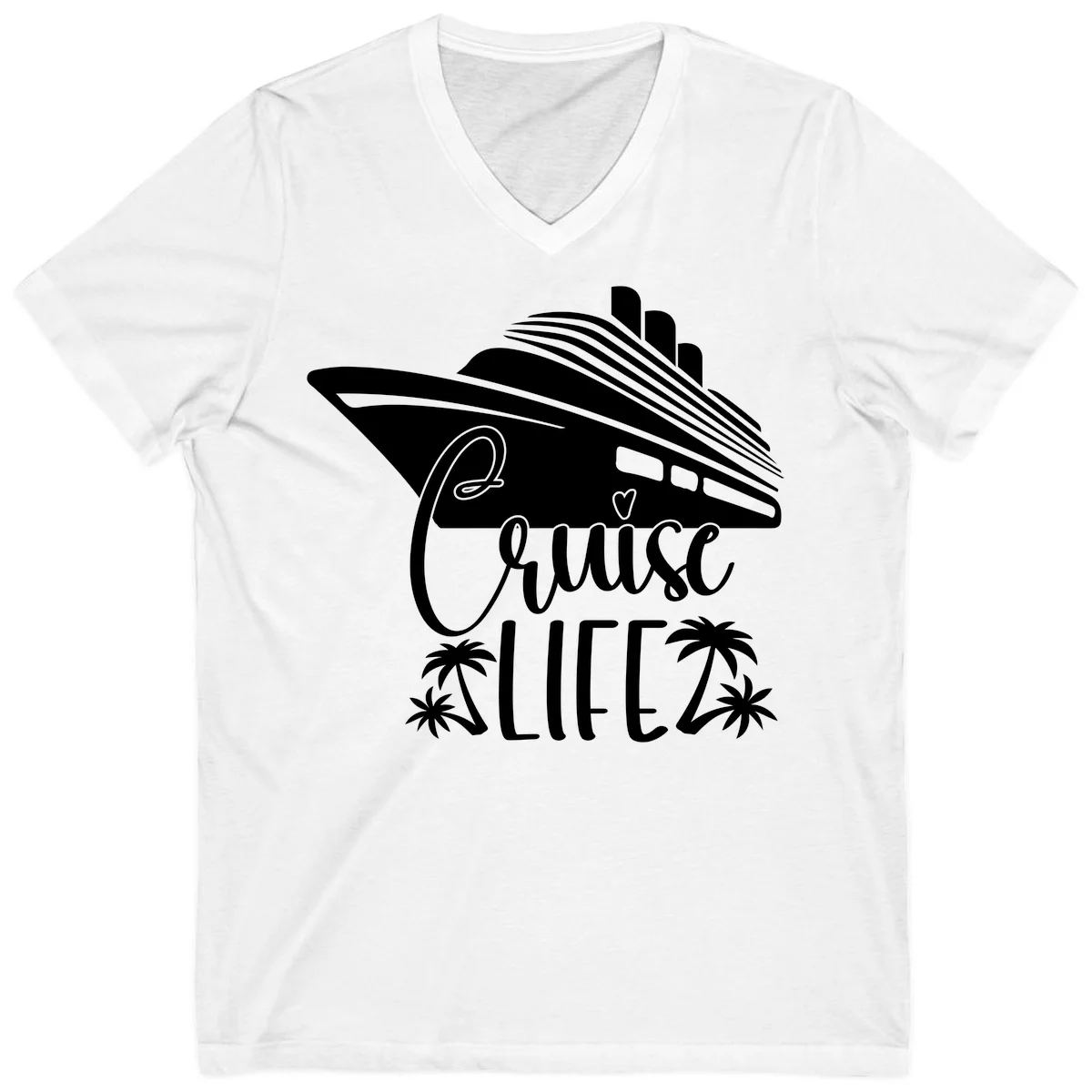 Cruise Life Ship & Palm Trees V-Neck Cruise Tee in White