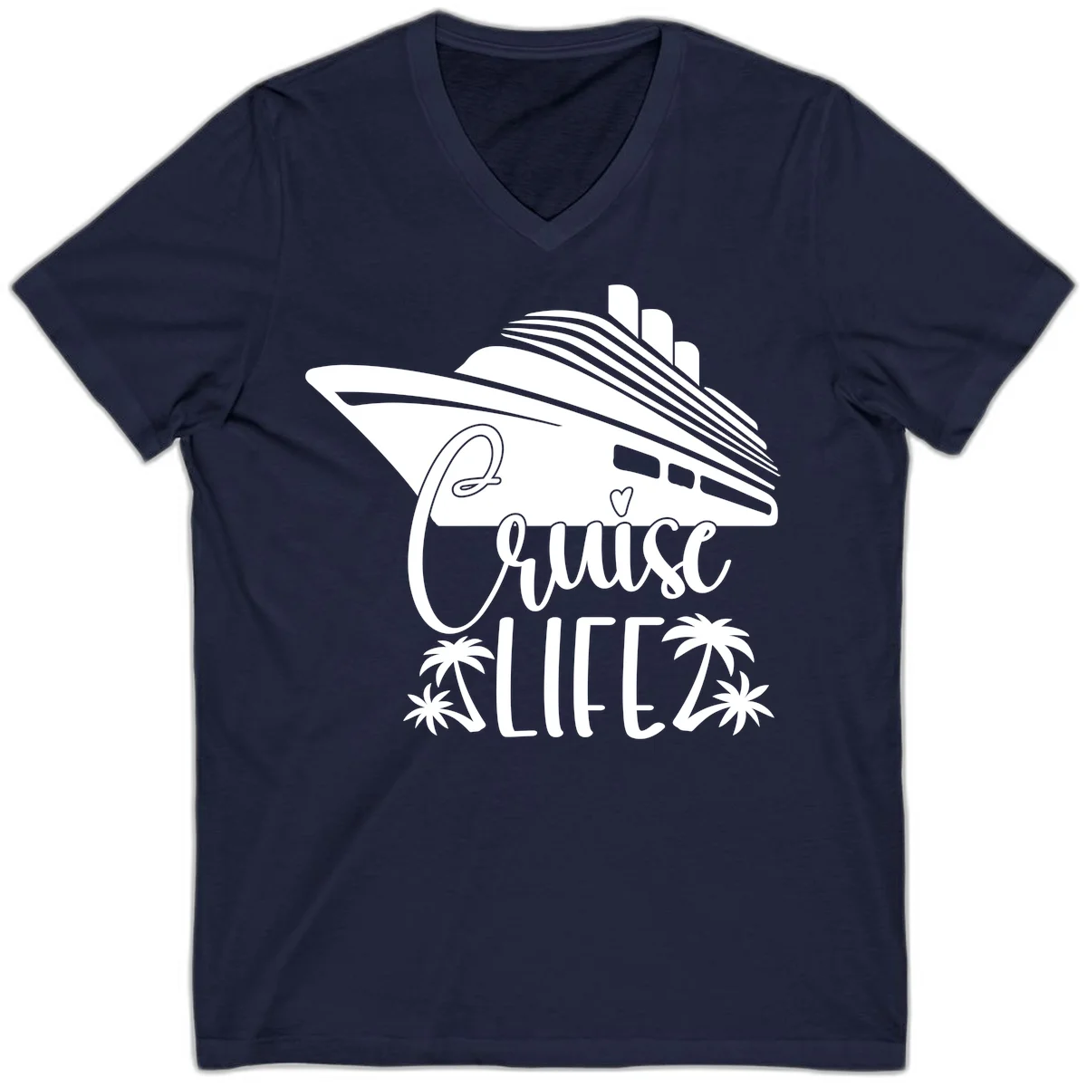Cruise Life Ship & Palm Trees V-Neck Cruise Tee in Navy