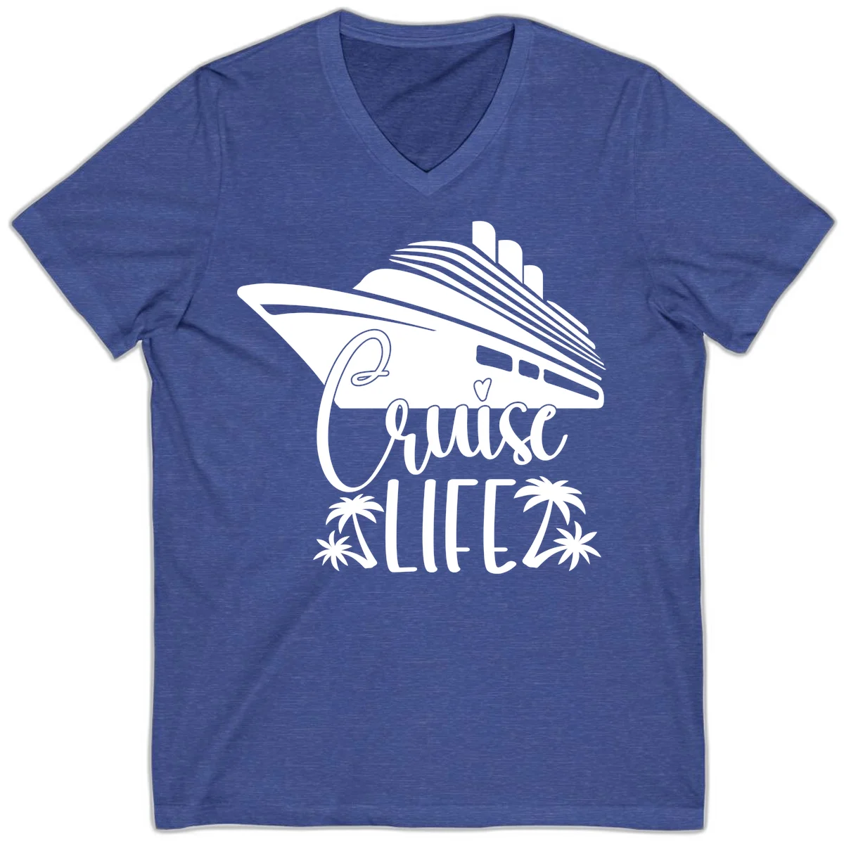 Cruise Life Ship & Palm Trees V-Neck Cruise Tee in Heather True Royal