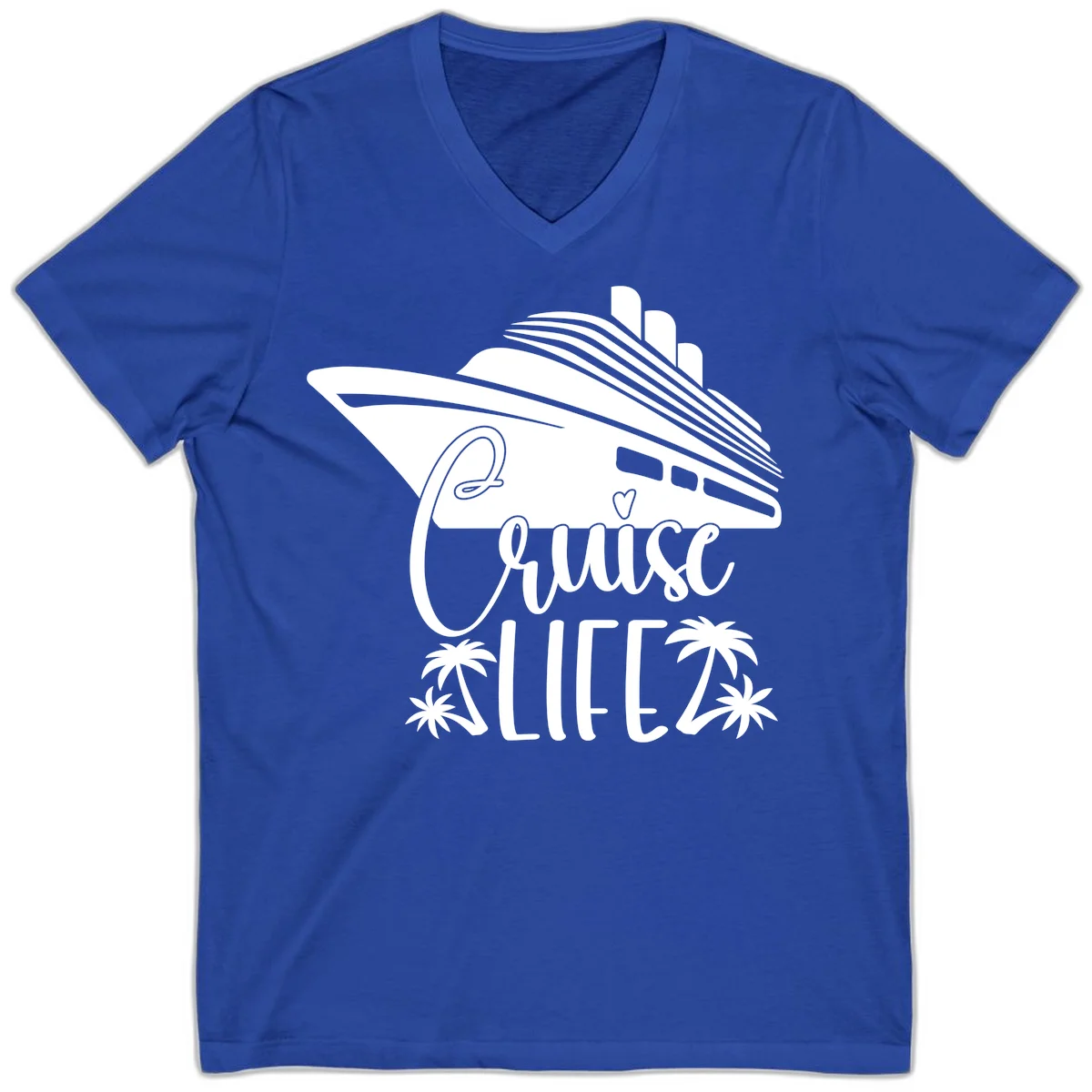 Cruise Life Ship & Palm Trees V-Neck Cruise Tee in True Royal