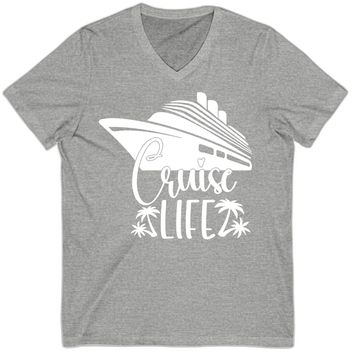 Cruise Life Ship & Palm Trees V-Neck Cruise Tee in Athletic Heather