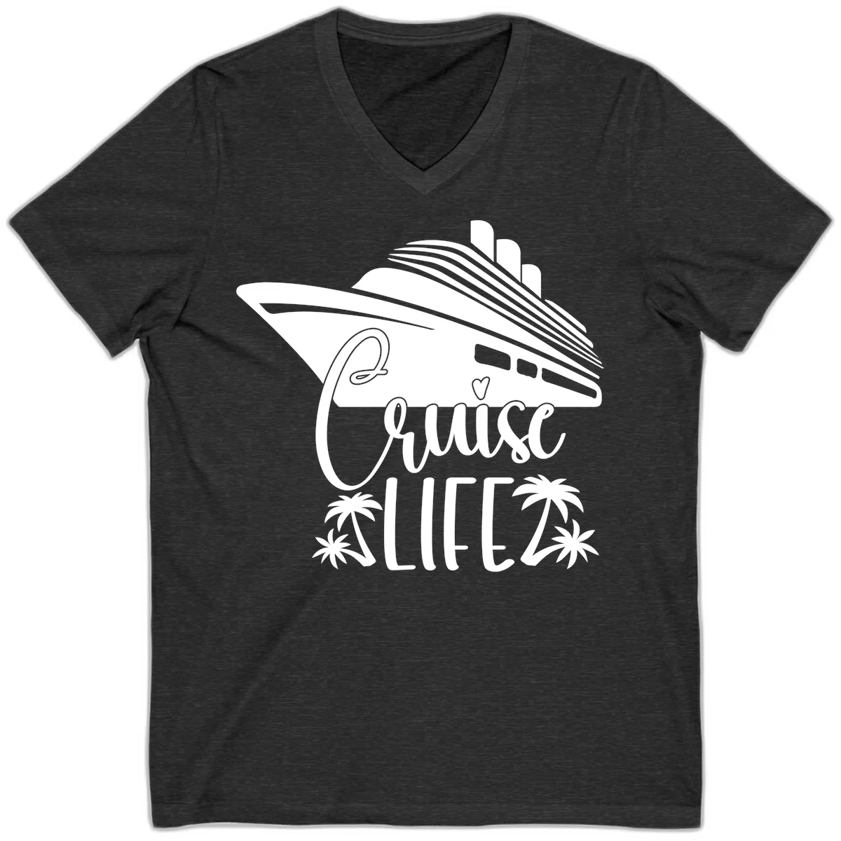 Cruise Life Ship & Palm Trees V-Neck Cruise Tee in Dark Grey Heather