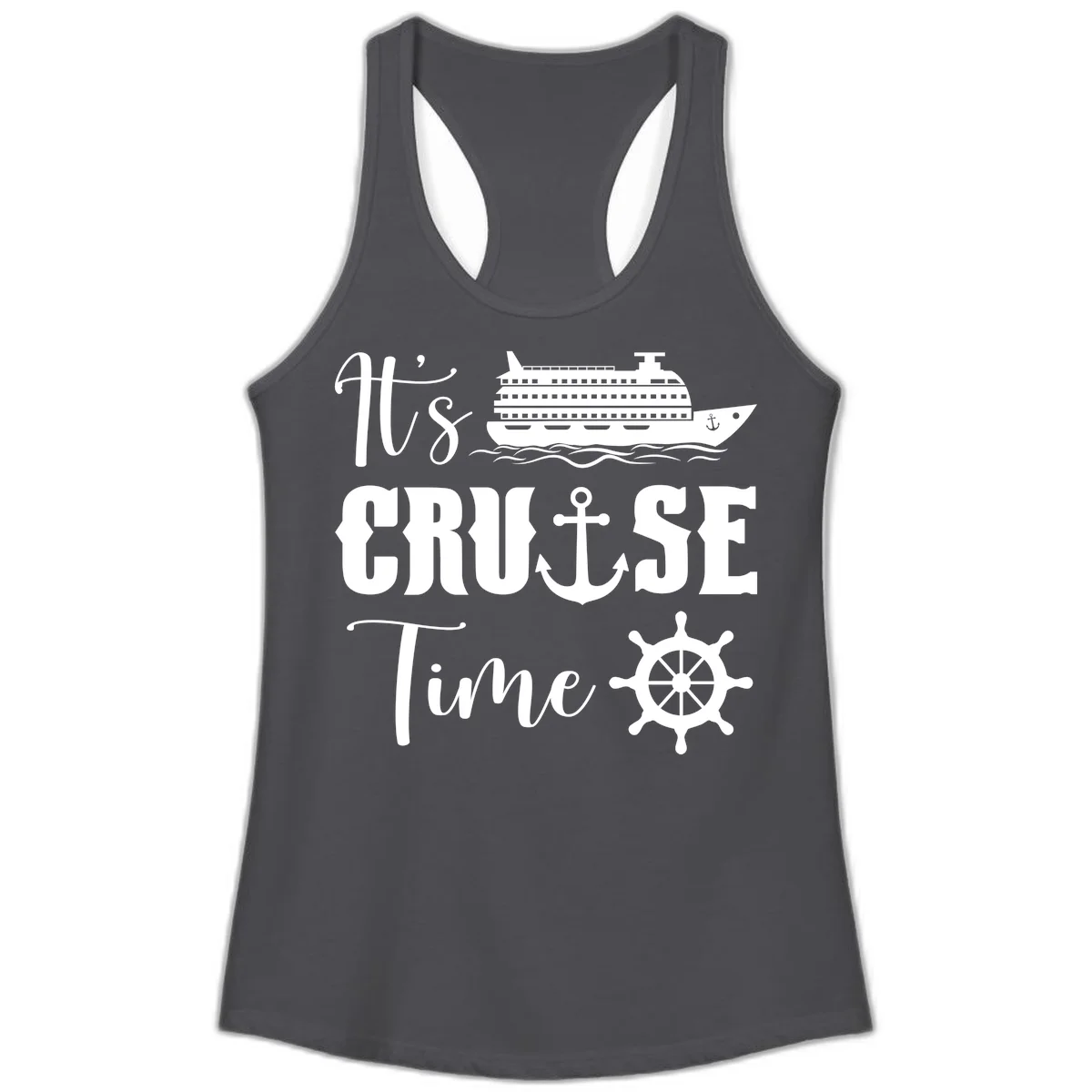 It's Cruise Time Ladies Racerback Tank for Vacation in Solid Dark Gray