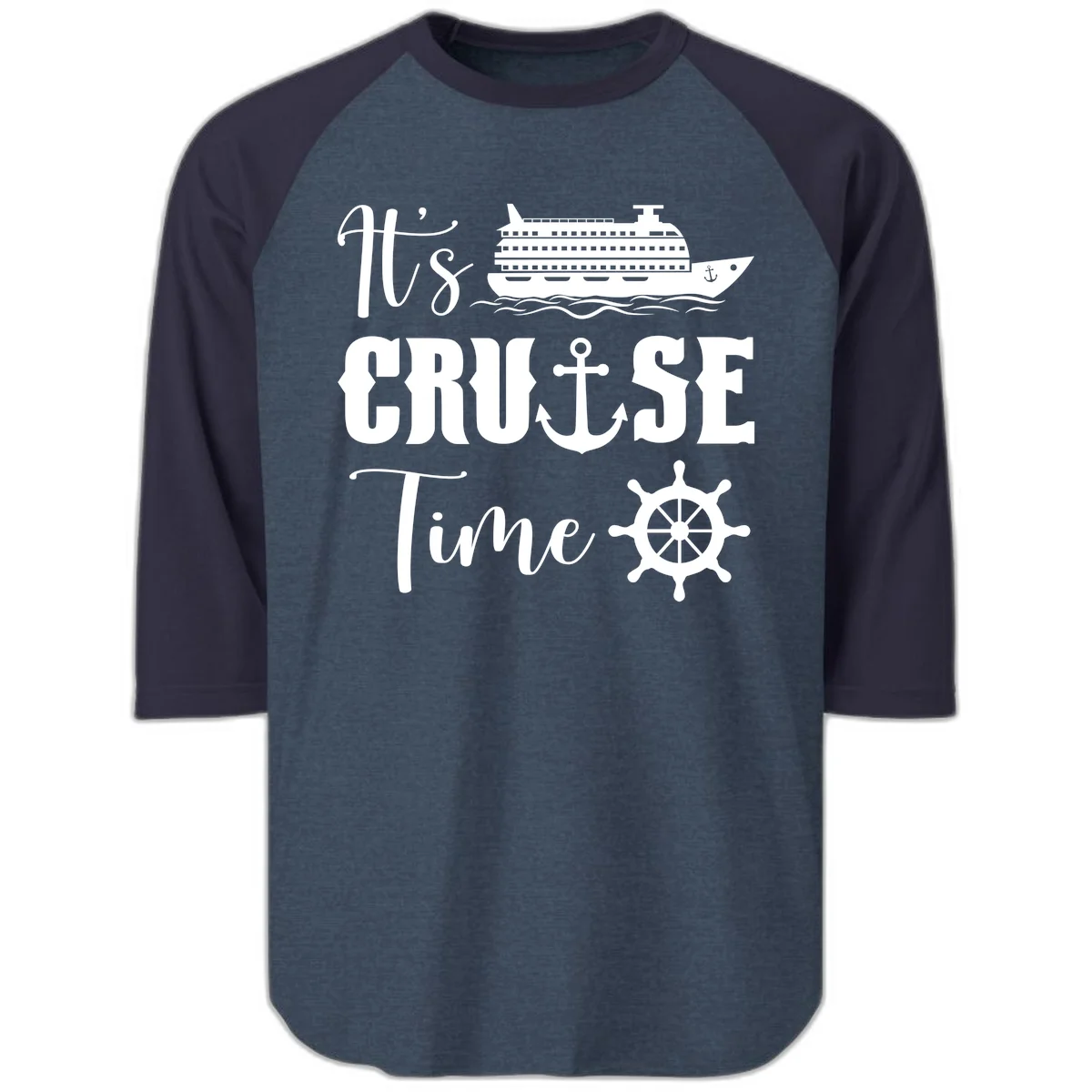 It's Cruise Time Raglan 3/4 Sleeve Tee for Vacation in Heather Denim Navy