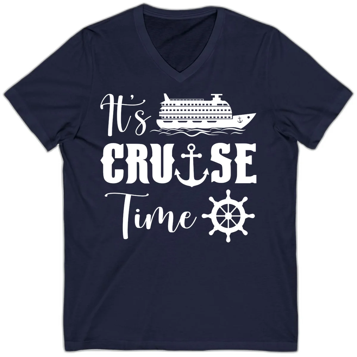 It's Cruise Time V-Neck Tee for Cruise Vacation in Navy