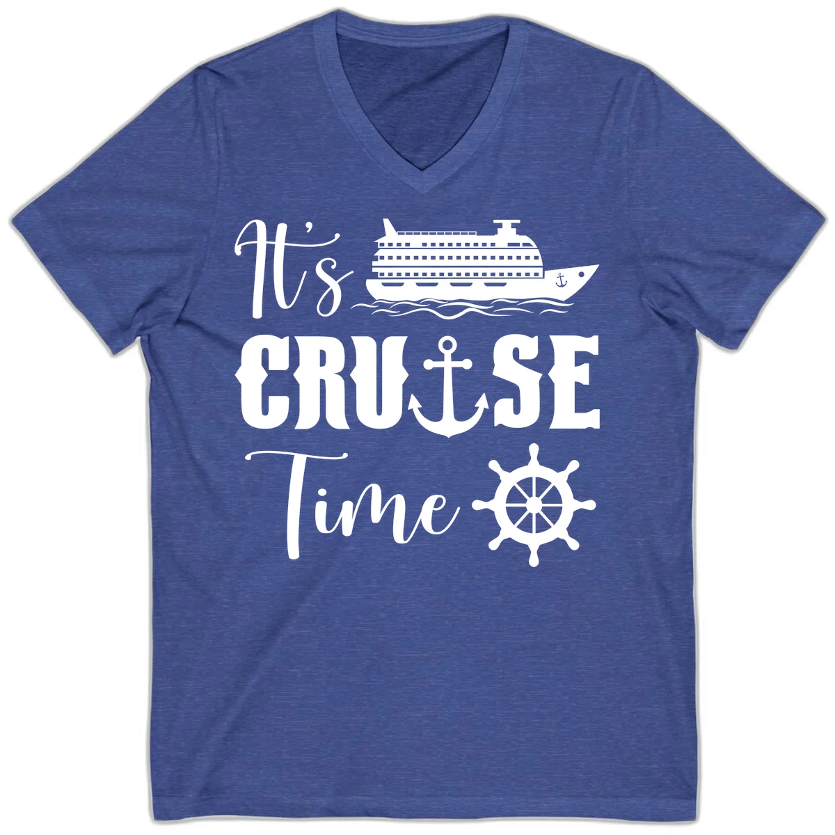 It's Cruise Time V-Neck Tee for Cruise Vacation in Heather True Royal