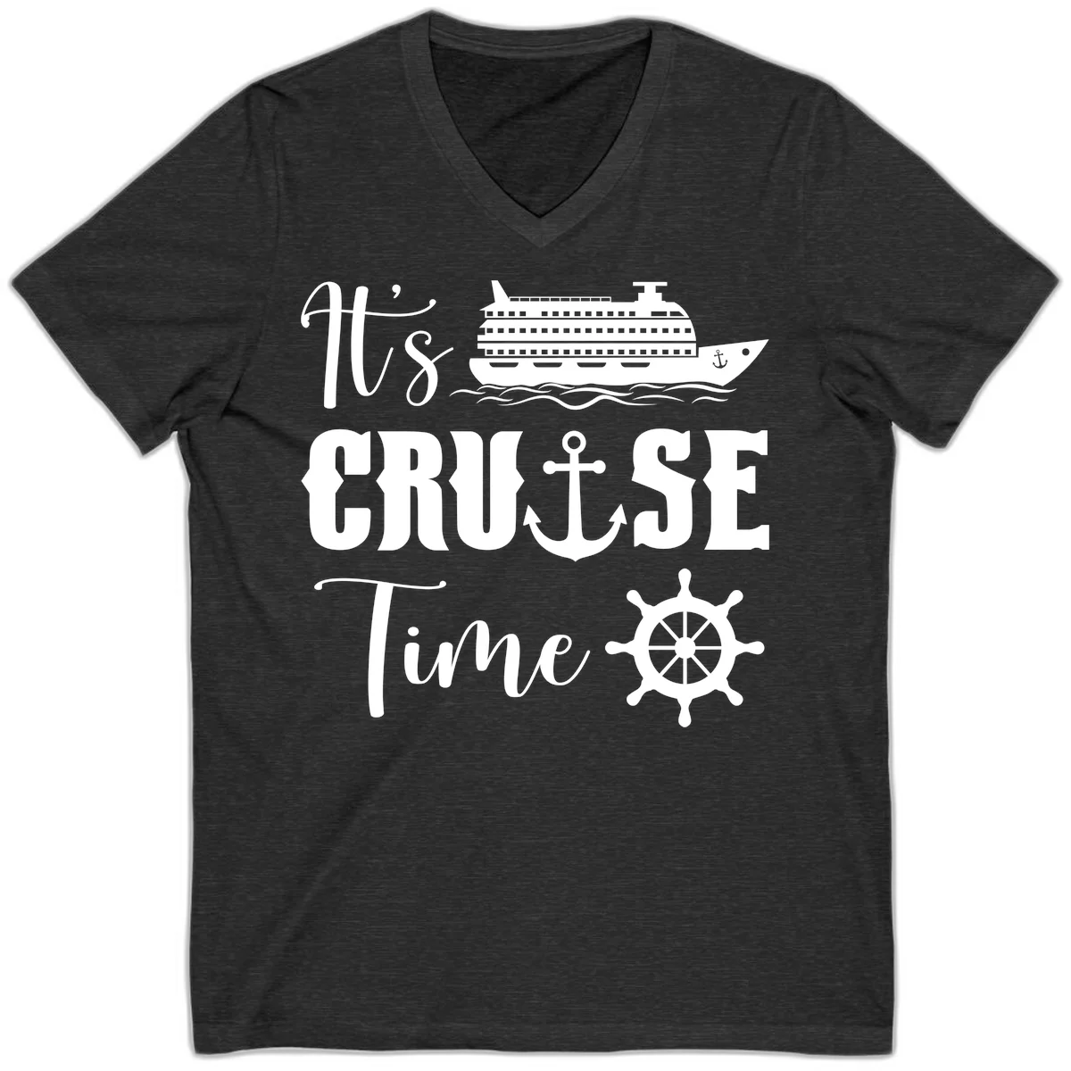 It's Cruise Time V-Neck Tee for Cruise Vacation in Dark Grey Heather