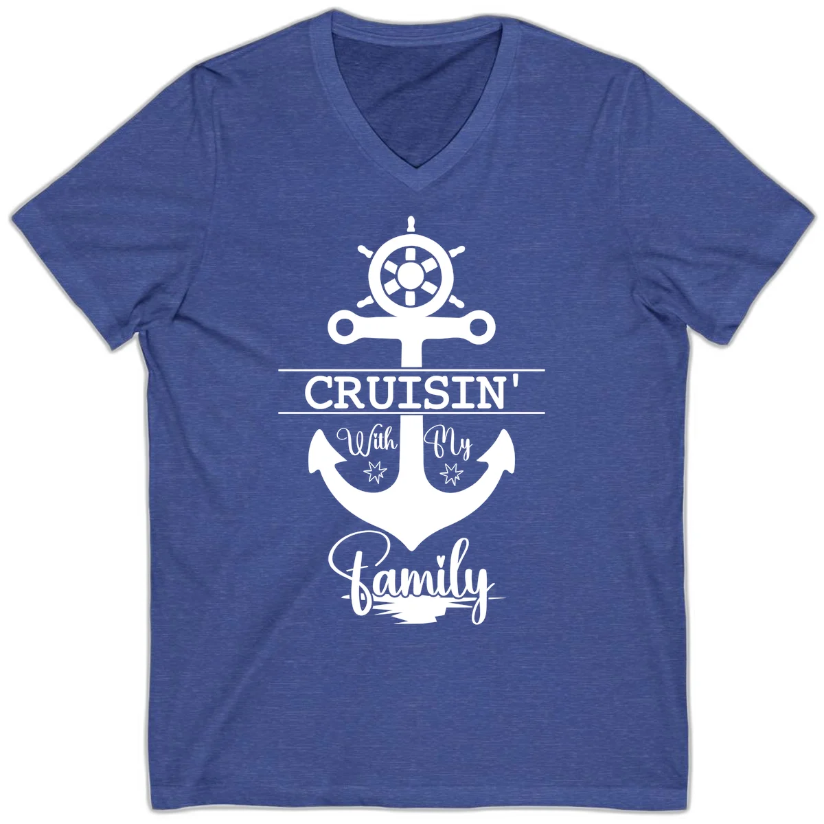 Cruisin' With My Family Anchor V-Neck in Heather True Royal