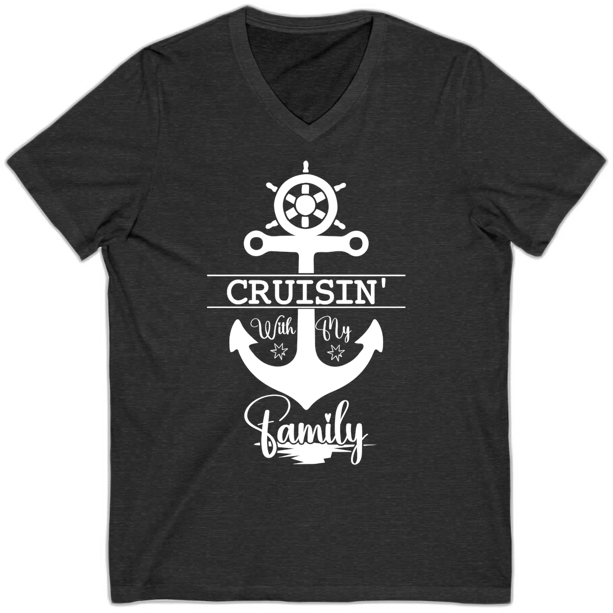 Cruisin' With My Family Anchor V-Neck in Dark Grey Heather