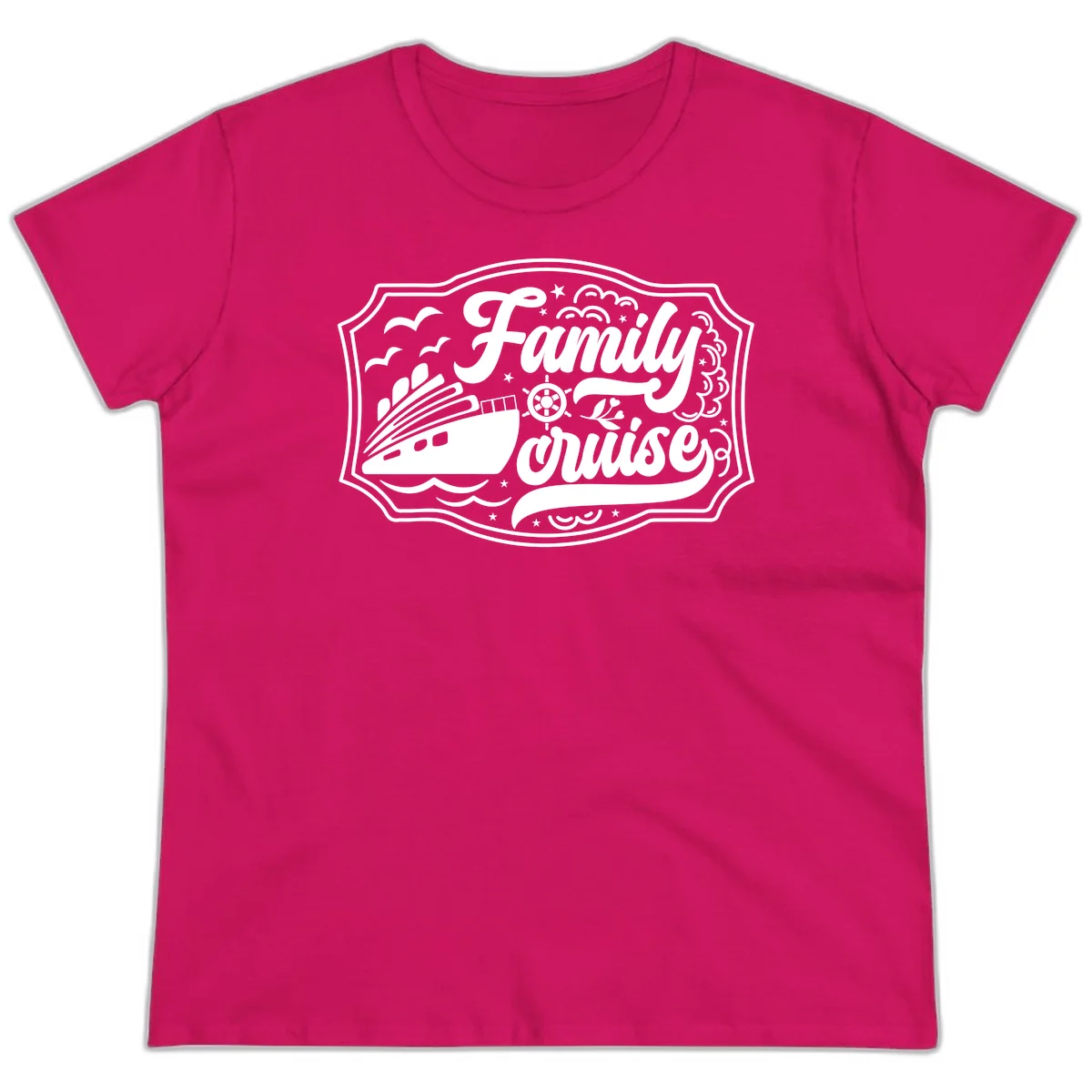 Family Cruise Vintage Badge Ladies Tee in Heliconia