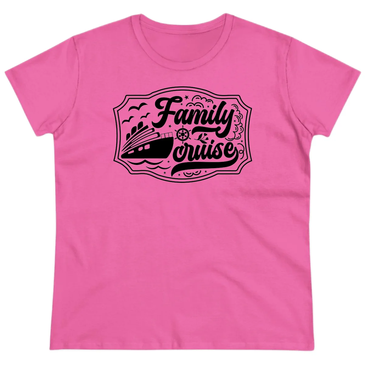Family Cruise Vintage Badge Ladies Tee in Azalea