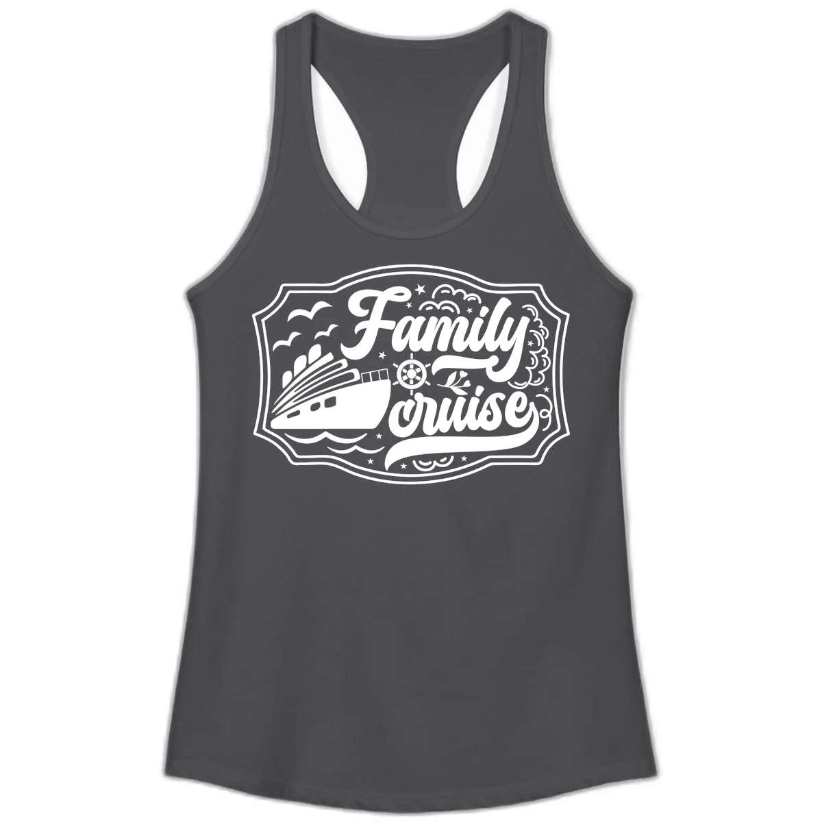 Family Cruise Vintage Badge Ladies Tank in Solid Dark Gray