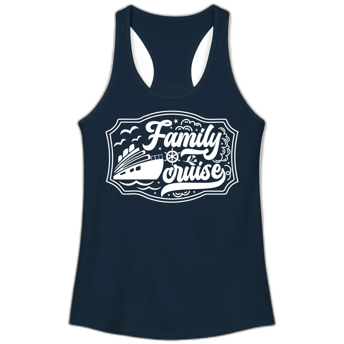 Family Cruise Vintage Badge Ladies Tank in Solid Midnight Navy