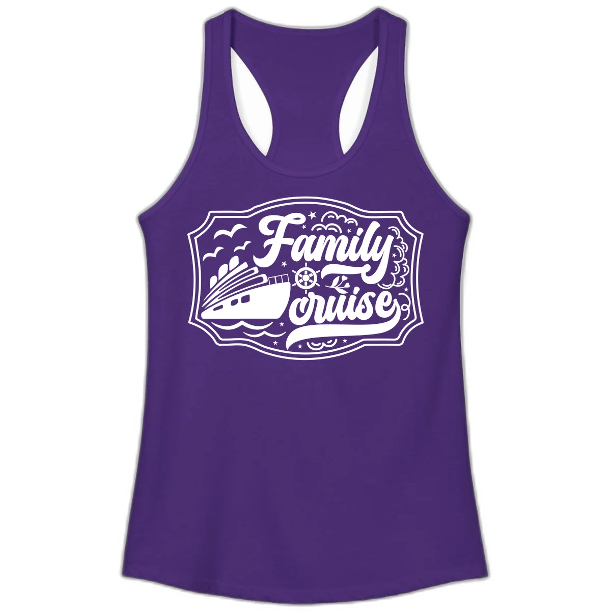 Family Cruise Vintage Badge Ladies Tank in Solid Purple Rush