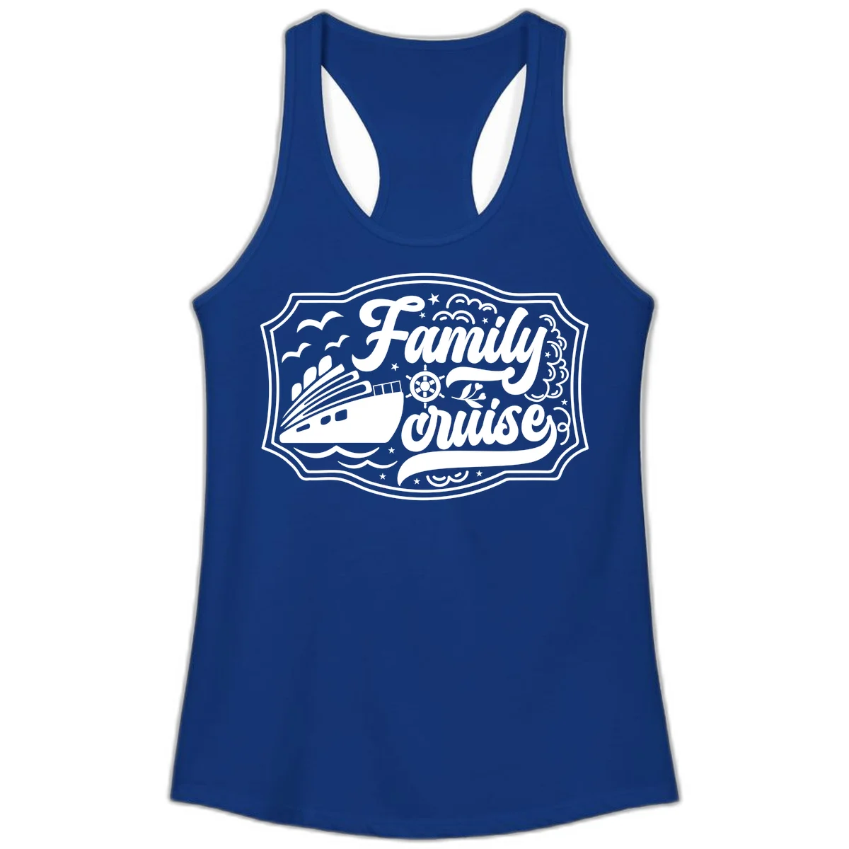 Family Cruise Vintage Badge Ladies Tank in Solid Royal