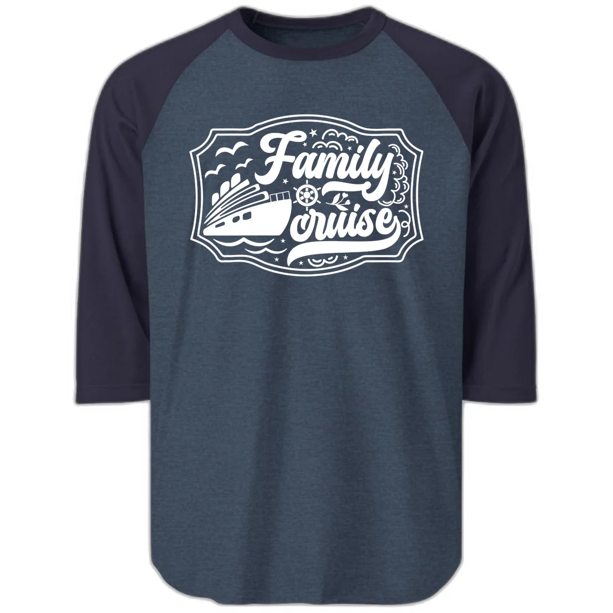 Family Cruise Vintage Badge Raglan 3/4 in Heather Denim Navy