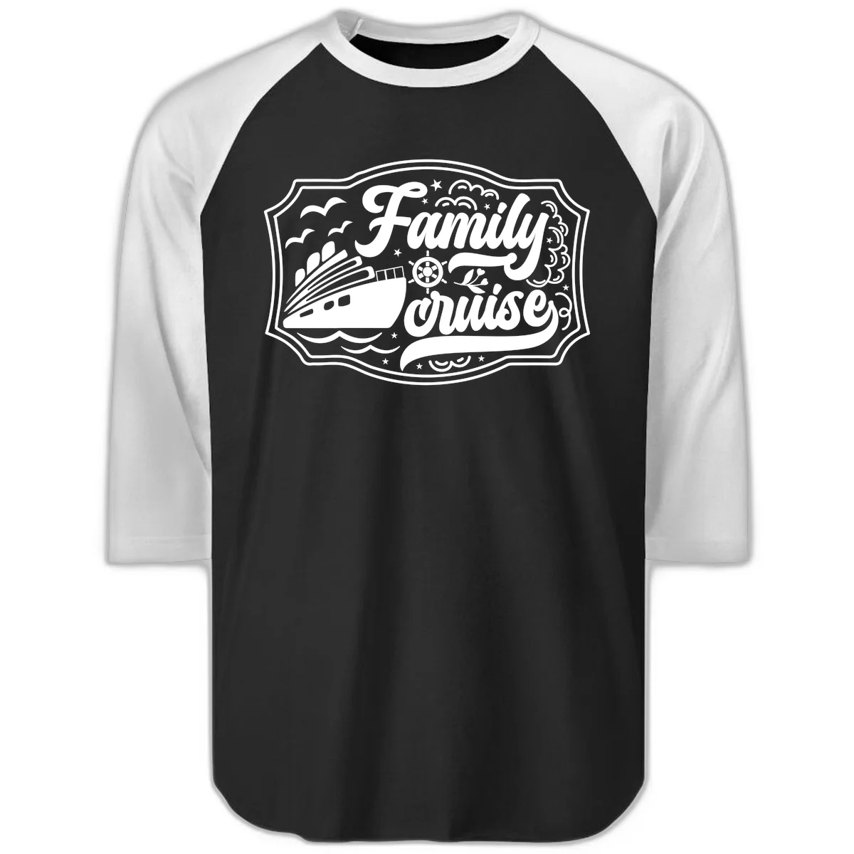 Family Cruise Vintage Badge Raglan 3/4 in Black White