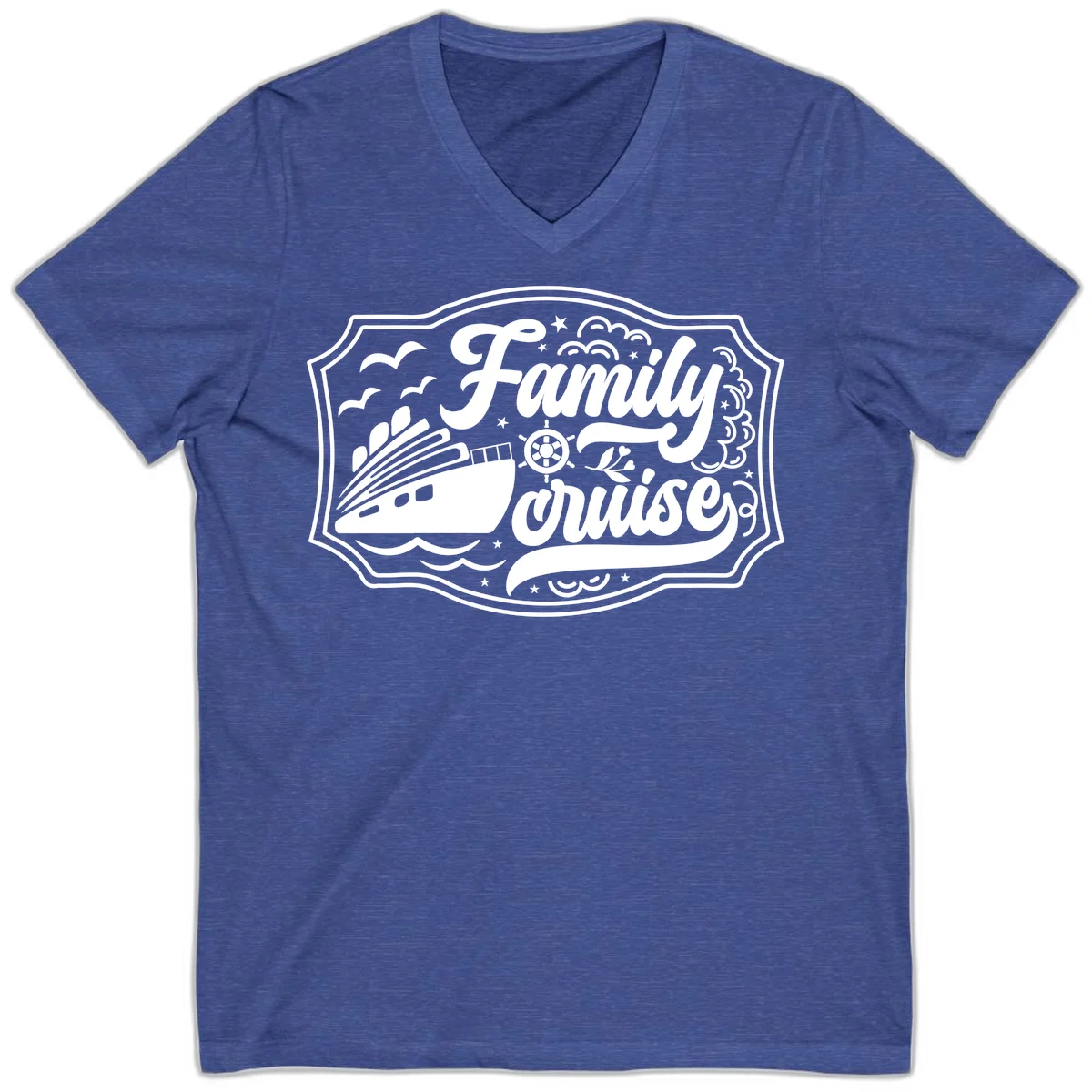 Family Cruise Vintage Badge V-Neck in Heather True Royal