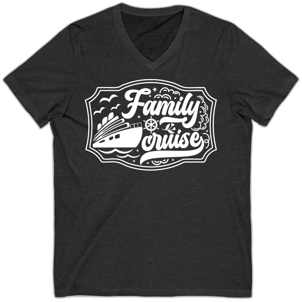 Family Cruise Vintage Badge V-Neck in Dark Grey Heather