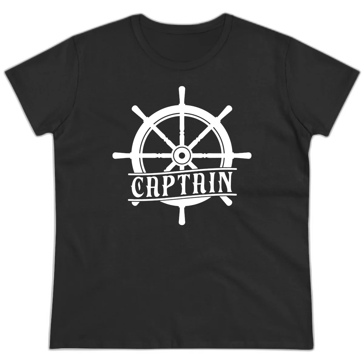 Captain Ship Wheel Nautical Design Ladies Tee in Black