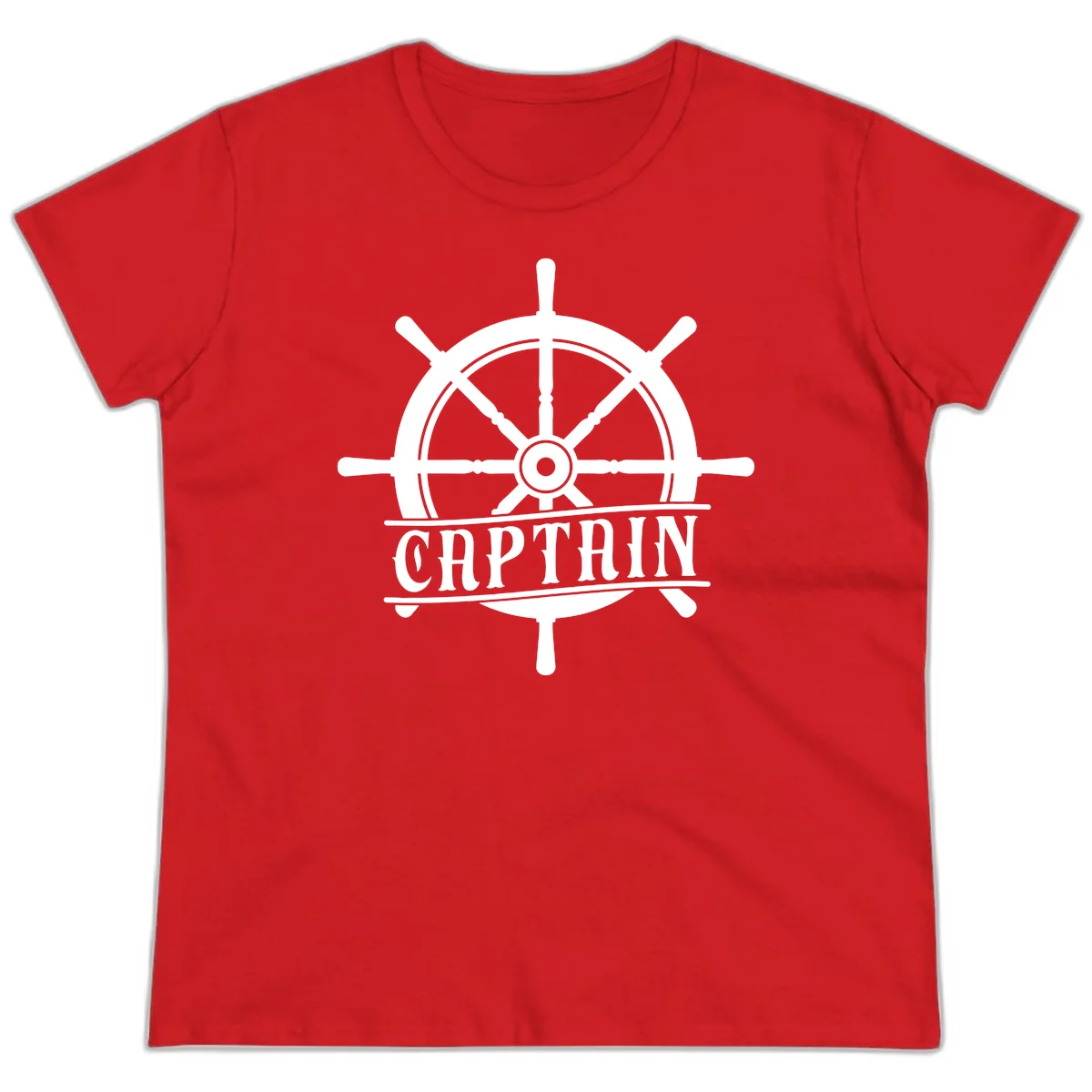 Captain Ship Wheel Nautical Design Ladies Tee in Red