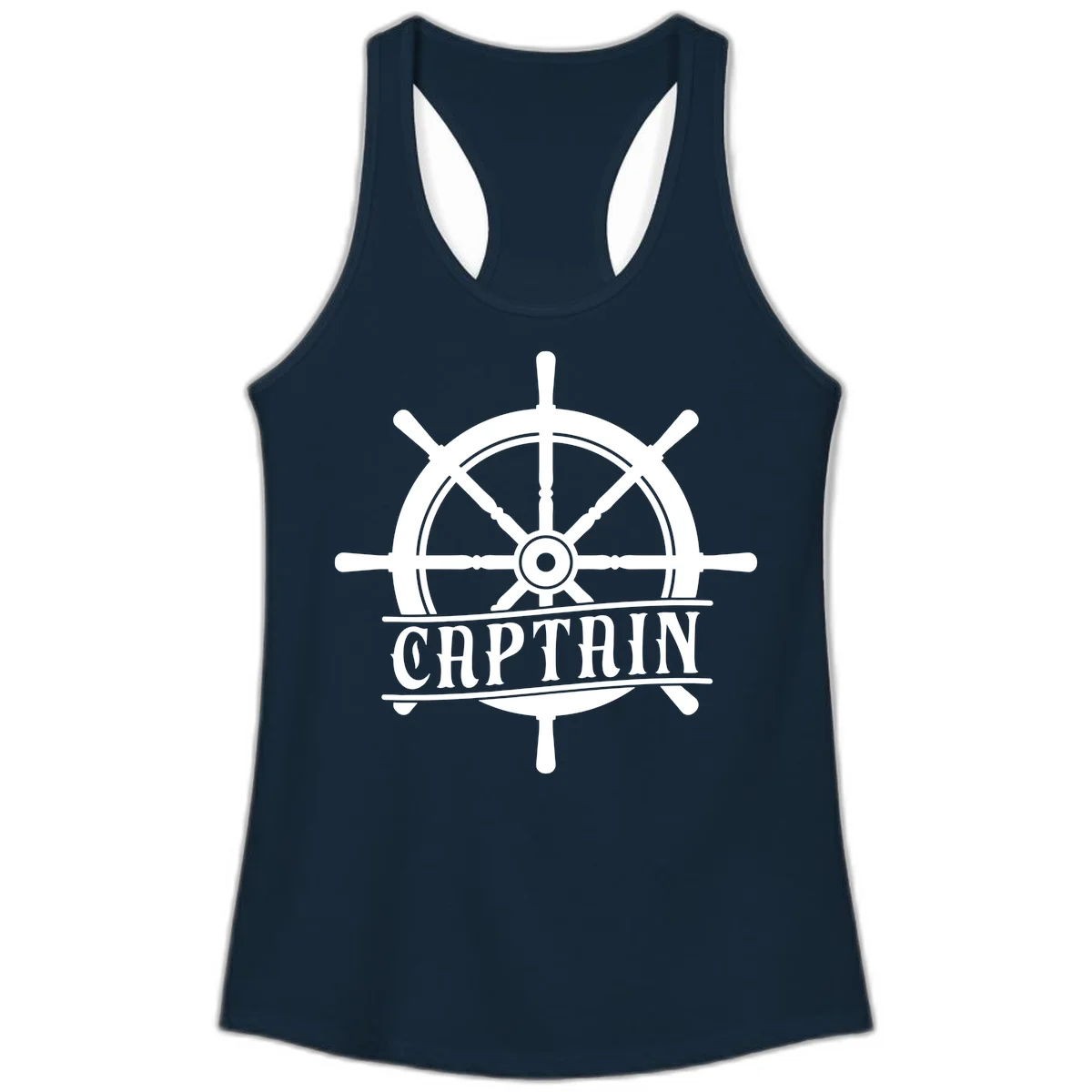 Captain Ship Wheel Nautical Design Ladies Tank in Solid Midnight Navy