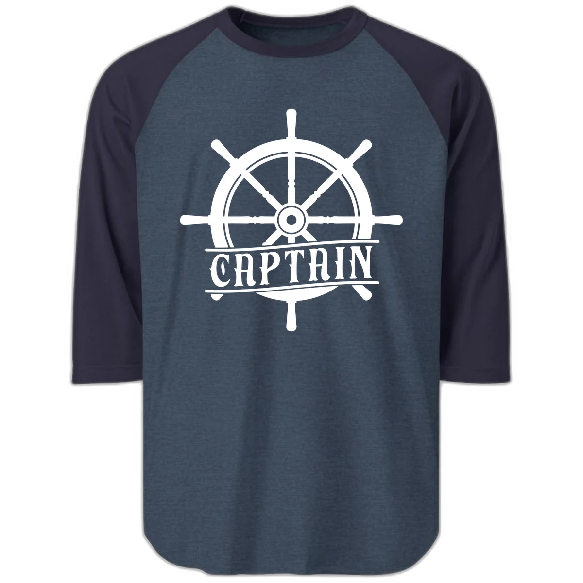 Captain Ship Wheel Nautical Design Raglan 3/4 in Heather Denim Navy