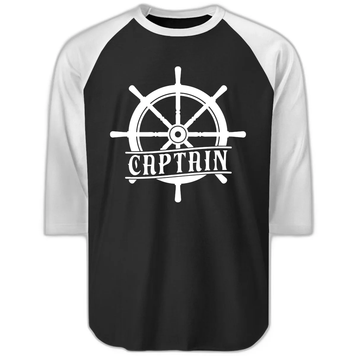 Captain Ship Wheel Nautical Design Raglan 3/4 in Black White