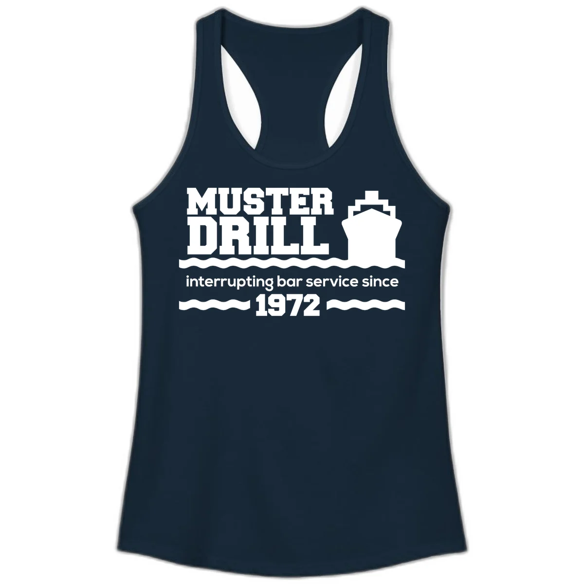Muster Drill Interrupting Bar Service Since 1972 Ladies Tank in Solid Midnight Navy