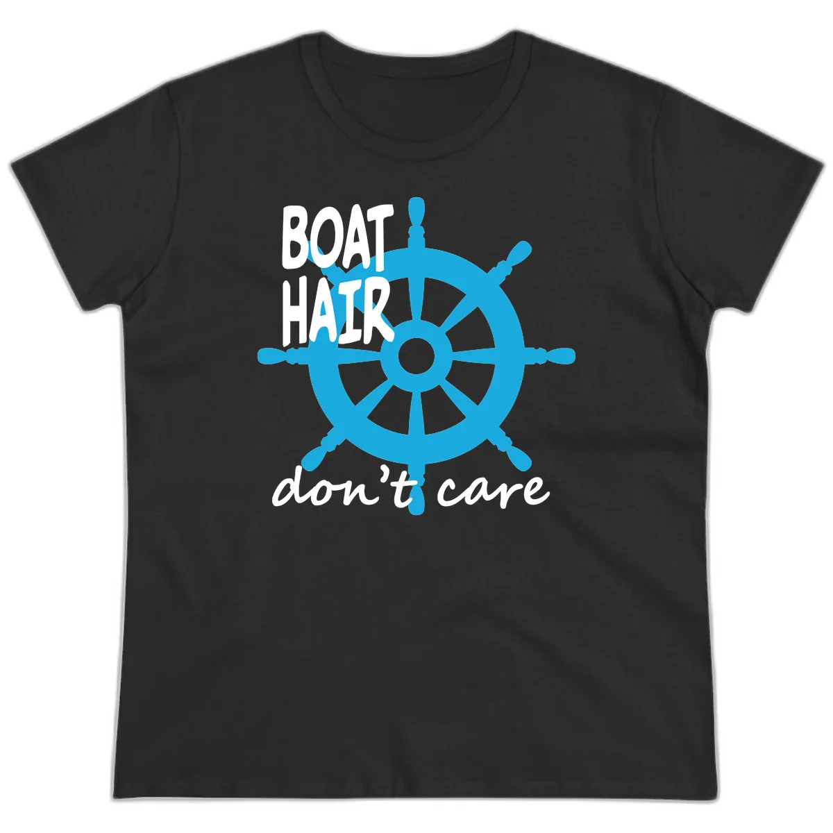 Boat Hair Don't Care Nautical Wheel Ladies Tee in Black