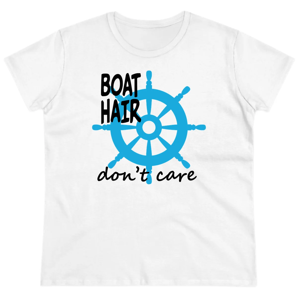 Boat Hair Don't Care Nautical Wheel Ladies Tee in White