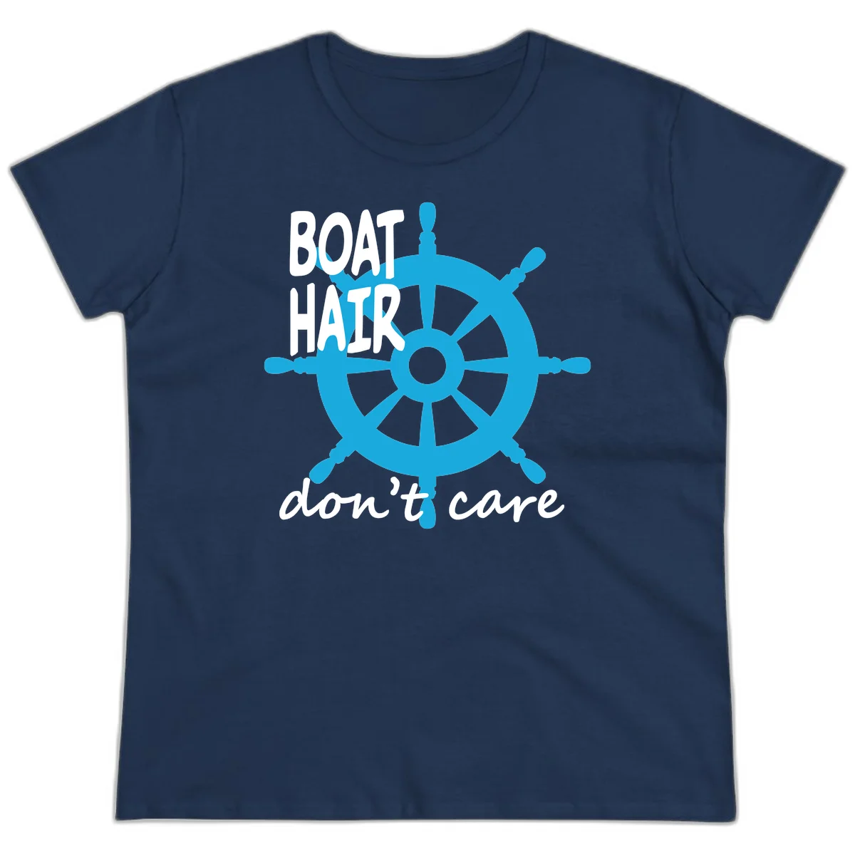 Boat Hair Don't Care Nautical Wheel Ladies Tee in Navy