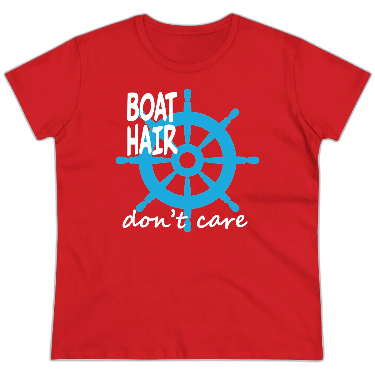 Boat Hair Don't Care Nautical Wheel Ladies Tee in Red